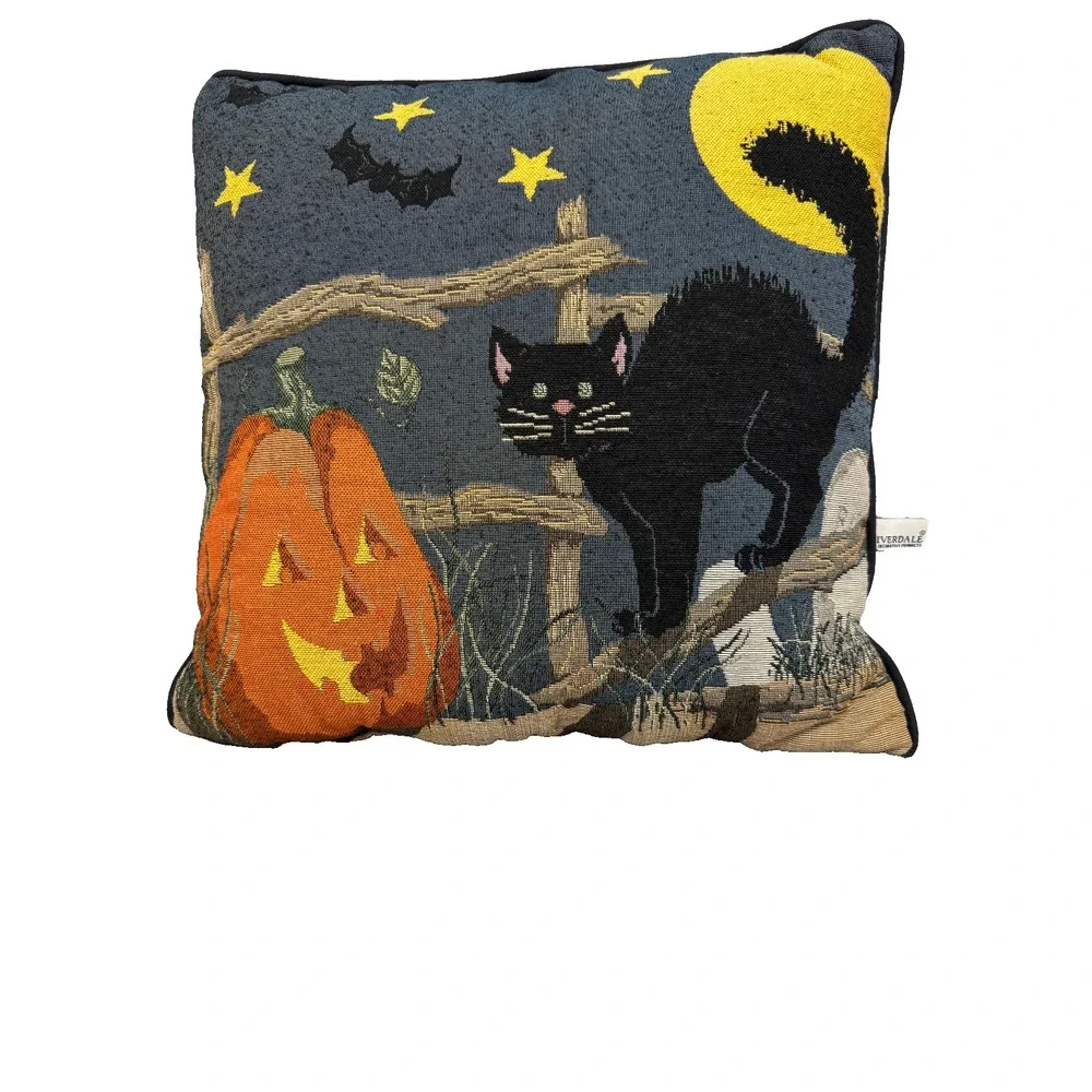Riverdale Pumpkin & Black Cat Halloween Tapestry Pillow